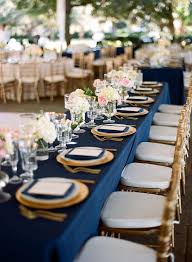 Elegant Navy And Gold Rectangular Reception Table Navy Blue And Gold Wedding Gold Wedding Colors Wedding Table Settings
