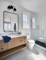 Bathroom Floating Rift Oak Vanity Bathroom Floating Rift Oak Vanity With Black And White Mosaic In 2020 Black Tile Bathrooms Custom Bathroom Vanity Oak Vanity Bathroom