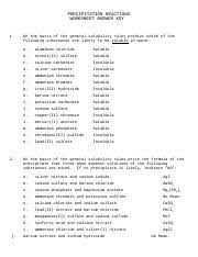 Precipitation Reaction Answers Precipitation Reactions Worksheet Answer Key 1 2 J On The Basis Of The General Solubility Rules Predict Which Of The Course Hero