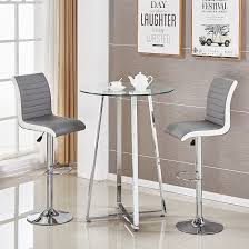 Poseur Glass Top Bar Table With 2 Ritz Bar Stools In Grey And White Faux Leather Will Look Beautiful In Your Kitchen Glass Bar Table White Bar Stools Bar Table