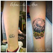 God Is Greater Than The Ups And Downs Rework Coverup Tattoo A Nice Nature Scene With The Sun Mountai Tattoos Sunflowers Tattoo Sunflower And Mountain Tattoo