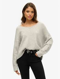 Superdry Women's Oversized V Neck Jumper Light Grey Twist