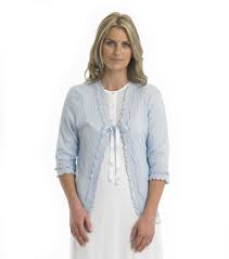 slenderella ladies 100 cotton bed jacket with frilled trim ribbon tie blue cotton nightwear three quarter length sleeve pajamas women