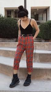 Black And Yellow Plaid Pants Mens Black Cami Top With Red Tartan Plaid Pants Dr Martens Shoes By Lilcrybaaby Grunge Fashion Alternative Aesthetic Clothes Fashion Fashion Pants