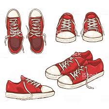 Vector Set Of Cartoon Red Gumshoes Side Top And Front Views Shoes Drawing Sneakers Drawing Shoes Illustration