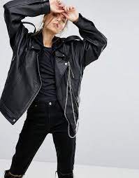 Asos Premium Leather Oversized Biker Jacket With Chain Detail