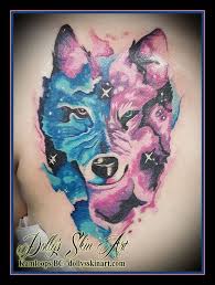 Black And White Wolf Tattoo Wolf Space Water Colour Pink Blue Black White Color Galaxy Wolf Tattoo Kamloops Dolly S Skin Art Wolf Tattoo Galaxy Wolf Color Tattoo