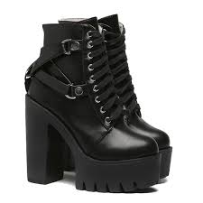 Black Bondage Strap Vegan Leather Platform Heel Boots • Immoral Fashion