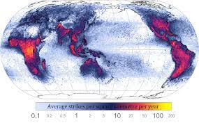 The map shows average yearly counts of lightning flashes per square kilometer, based on data collected by nasa satellites between 1995 and 2002. File Global Lightning Strikes Png Wikipedia