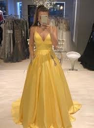 Yellow V Neck Satin Long Prom Dress Yellow Evening Dress By Prettylady 166 00 Usd Prom Dresses Yellow Yellow Evening Dresses A Line Prom Dresses