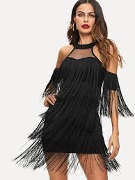 Mesh Insert Cold Shoulder Tiered Fringe Embellished Dress Shein Sheinside Fringe Mini Dress Embellished Dress Tiered Fringe