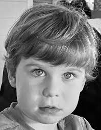 Please can some genius keep the first pic black and white but make the eyes  blue as in the second pic. It's a pic if my handsome grandson. TIA