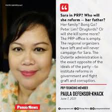 THE REGIONAL ORGANIZERS HAVE LEFT AND WILL NEVER CAMPAIGN FOR SARA' The  younger sister of the late Miriam Defensor Santiago and one of the People's  Reform Party (PRP) founding members Paula Defensor-Knack's