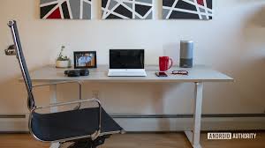 Ikea linnmon gray desk table 59x30 with 2 birch brown wood trestle shelf legs height and angle ikea white computer desk 47x24 inch linnmon table top and 2 lerberg dark gray legs. Ikea Skarsta Review The Most Basic Of Standing Desks Android Authority