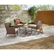 Hampton Bay Gableton 4 Piece Steel Outdoor Patio Wicker Conversation Set With Beige Cushions Gi 18048 The Home Depot Wicker Conversation Sets Patio Seating Sets Beige Cushions