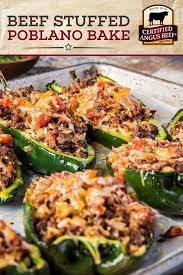 Beef Stuffed Poblano Bake Is The Perfect Summer Party Food Certified Angus Beef Ground Beef Cooked With Onion Beef Dinner Beef Recipes Beef Recipes Easy