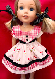 Sweet 14 Inch Doll Dress to Fit Toni P 90, Wellie Wishers, and Other 14  Inch Dolls. Cherry Fabric, Gingham, and Black Velvet Ribbon Trim.