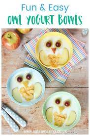 These Cute Owl Yogurt Bowls Make A Fun Healthy Breakfast Snack Or Dessert For Kids Super Easy Food Art Recipe Fun Healthy Breakfast Yogurt Bowl Easy Food Art
