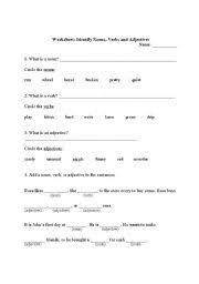 english worksheets worksheet identify nouns verbs and adjectives