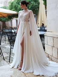 High Collar Cape Sleeve Lace Chiffon Bohemian Wedding Dress In 2020 Cape Wedding Dress Wedding Dress Overskirt Long Sleeve Mermaid Wedding Dress