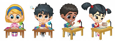 Conjunto de niños estudiando en mesa | Vector Premium