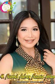 Mutya ng Nasipit Candidate No. 4 Ms. NIEROEL AUBREY NEANIE ABLAN Nieroel  Aubrey Vallecera Ablan Sponsors: NORTHWESTERN AGUSAN COLLEGES President :  Erlinda Noriega Magtibay Parents: Mr. Joel Ablan Mrs. Nierasol Ablan PHOTO :