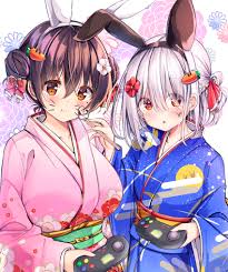 kurou (quadruple zero), ninose shizuku, shirakawa kokona, watashi no tame  ni nuginasai!, highres, 2girls, alternate hairstyle, animal ears, blue  kimono, breasts, brown eyes, brown hair, carrot hair ornament, comic cune,  controller, facial mark, fake animal 