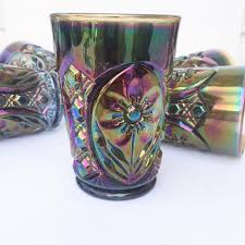 New tumblers have only three flowers. Imperial Amethyst Carnival Glass Tumbler Set Of 6 Flower And Etsy Carnival Glass Blue Carnival Glass Vintage Glassware