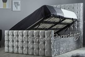 Capri Side Lift Storage Ottoman Bed Upholstered In Crushed Velvet Made In Uk Bed Size Mattress Size Bed Frame Ottoman Bed Double King Size Bed King Size Bed