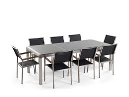 This outdoor dining table set is suited for a big family or group of 8 people, made with wood for superior weather resistance and a light timber finish that is durable and elegant. 8 Seater Garden Dining Set Grey Granite Top And Black Chairs Grosseto Furniture Lamps Accessories Up To 70 Off Avandeo Online Store