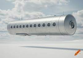 A long, seamless metallic cylinder with a row of portholes floats above a flat, white landscape under a cloudy sky. on Craiyon