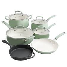 The Pioneer Woman Classic Belly 10 Piece Ceramic Non Stick And Cast Iron Cookware Set Ocean Teal Walmart Com Cast Iron Cookware Set Cookware Set Pioneer Woman Cookware