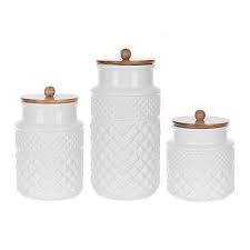 White Embossed Canisters With Wood Lids Set Of 3 White Kitchen Jars White Kitchen Canisters Canisters