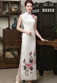 Classic Pure White Qipao Dress Evening Gown With Flowers Embroidery Chinese Dress Qipao Dress Chinese Collar Dress