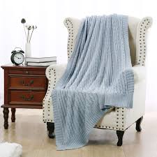Cotton Knitted Throw Blanket Soft Warm Cable Knit Blanket Light Blue Walmart Com Walmart Com