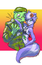 140775 - safe, artist:luigiix, flippy (htf), petunia (htf), bear, mammal,  skunk, anthro, happy tree friends, 2013, belly button, bikini, black nose,  bloodshot eyes, breasts, clothes, commission, digital art, duo, ears,  female, flower,