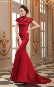 Chinese Wedding Gown Mermaid Crimson Evening Bridal Reception Qipao Asian Wedding Dress Beautiful Dresses Chinese Wedding Dress