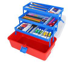 Bins Things Arts Supply Box With 3 Fold Out Multi Tier Trays Sturdy Organizer With Divided Compartments A Art Supply Box Art Supplies Storage Craft Storage