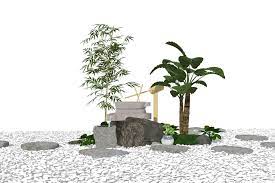 新中式石磨流水水钵惊鹿水景su模型in 2021 landscape plants