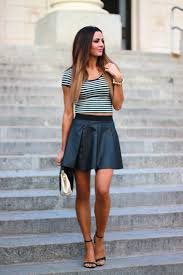 Black And White Striped Heels Outfit Black A Line Skirt Black White Striped Fitted Tee Shirt Black Strappy High Heels Fashion Black A Line Skirt Style