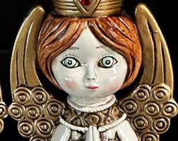 Vintage Set of Chalkware Green Eyed Angels