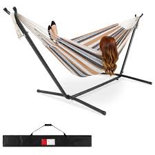 Create your backyard oasis with a hammock set that comes with an attachable canopy for shade. Best Choice Products 2 Person Brazilian Style Cotton Double Hammock Bed W Carrying Bag Steel Stand Desert Stripes Walmart Com Walmart Com