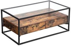 Amazon Com Vasagle Industrial Coffee Table Tempered Glass Top With 2 Drawers And Rustic Shelf Deco In 2020 Industrial Coffee Table Coffee Table Rustic Coffee Tables