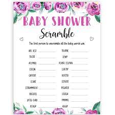 How to play this free baby shower game: Baby Shower Word Scramble Purple Peonies Printable Baby Shower Games Ohhappyprintables