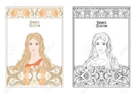 An adult coloring book with fantasy women, mythical creatures, and detailed designs for relaxation as want to read: Portrait Of A Woman With Long Hair In Floral Frame In Old Retro Art Nouveau Style Colored And Outline Design Vector Illustration Coloring Page For The Adult Coloring Book With Colored Sample Royalty