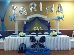 A wedding decorated around the idea of butterflies. My Centerpieces For A Quinceanera Party Using White Hydrangeas And Painted Willow Quinceanera Decorations Quinceanera Themes Royal Blue Quinceanera Decorations