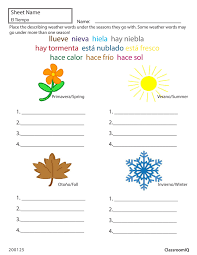 Weather And Seasons In Spanish Spanishworksheets Classroomiq Newteachers Spanish Worksheets Spanish Lessons For Kids Spanish Weather