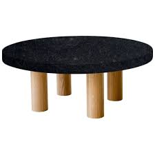 Stainless steel and glass or marble. Round Steel Grey Coffee Table With Circular Oak Legs