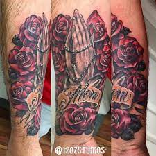 Praying hands with roses tattoo. Beautiful Praying Hands With Rosary Roses And Mom Banner Tattoo By Alex Feliciano Hand Tattoo Cover Up Rose Tattoos Red Rose Tattoo