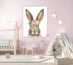 Boho Bunny Rabbit Wall Art Print Woodland Nursery Baby Girl Room Floral Bohemian Watercolor Printable Decor Girl Room Baby Girl Room Rabbit Wall Art